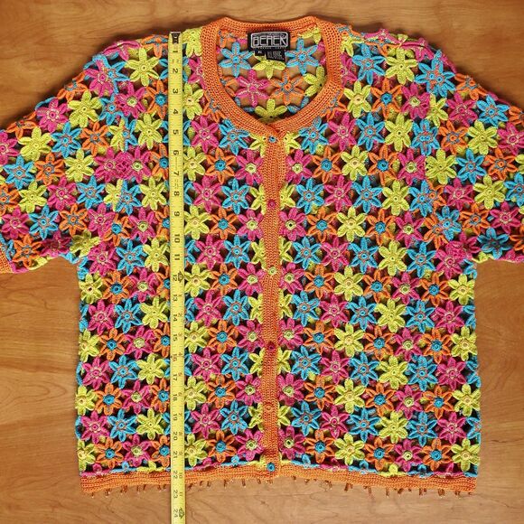 VTG Crochet Sweater XL Floral Colorful Embellished Cardigan Berek Takako Sakon - Picture 15 of 16